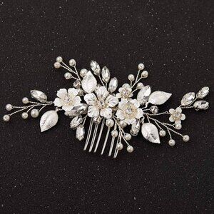 🆕Women Silver Handmade with Crystals Pearls and Leaves Hair Comb Accessories